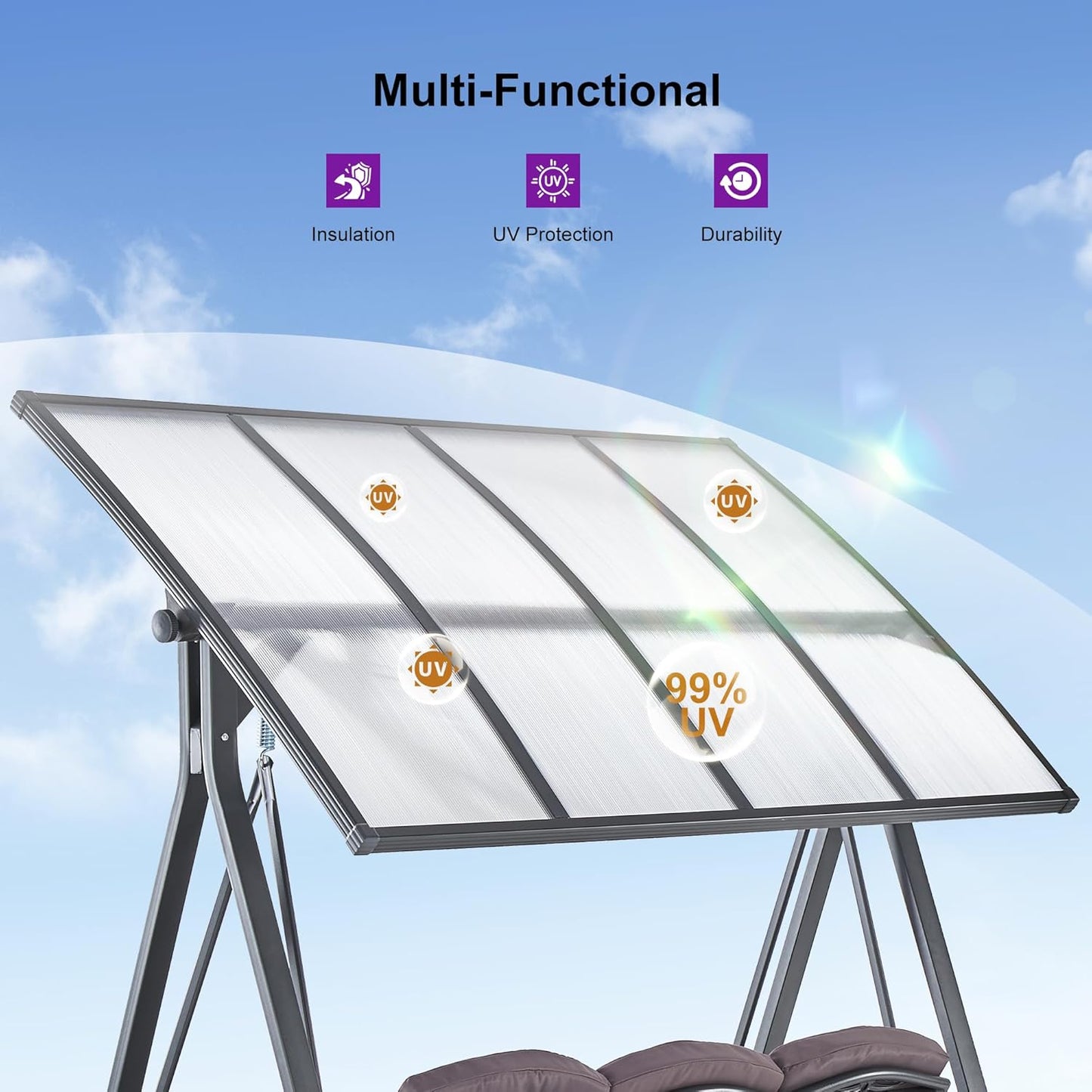 PURPLE LEAF Outdoor Patio Porch Swing with Adjustable PVC Canopy, 3-seat Swing Chair Bench with Side Cup Holder for Backyard Front Porch Lawn, Cushions and Pillow Included, Grey-VerdiqueGarden