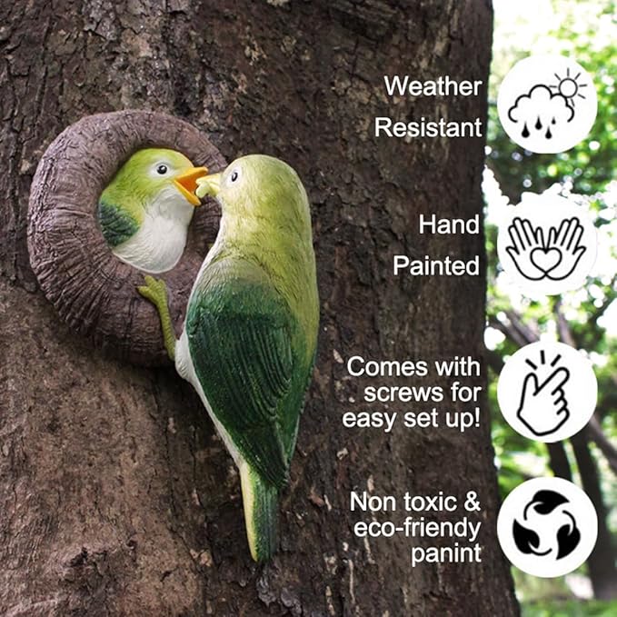 Mom and Baby Hummingbird Tree Hugger, Resin Bird Figurines Art Sculpture, Hanging Garden Statue Tree Peeker Ornament for Patio Lawn Porch Yard Outdoor Decorations-VerdiqueGarden