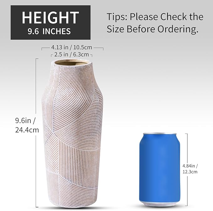 Vintage Ceramic Flower Vase, Terracotta Farmhouse Decorative Rustic Stone Clay Floral Vase, Concrete Grey Home Decor for Living Room, Entryway, Kitchen, Bedroom, Bathroom and Shelf 9.6 Inch-VerdiqueGarden