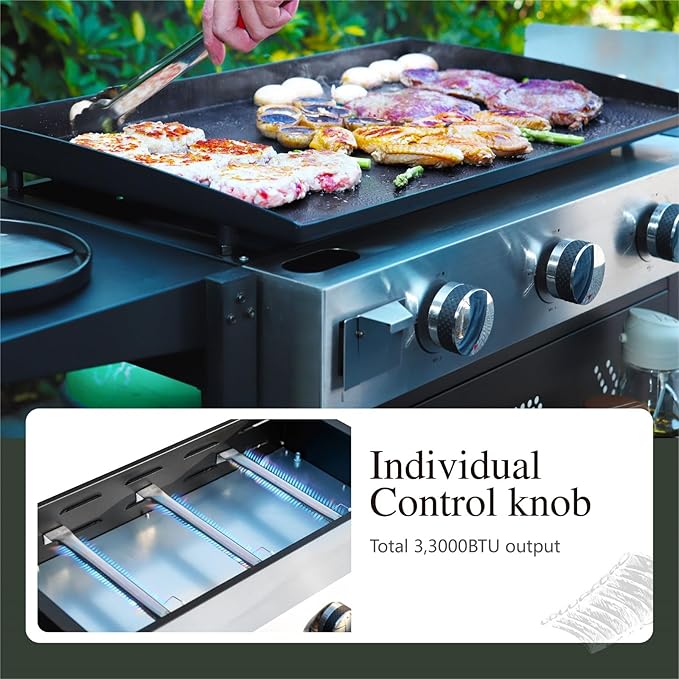 Sophia & William 27-Inch Flat Top Grill with Ceramic Coated Cast Iron Griddle, 3-Burner Propane Gas BBQ Griddle, Portable Outdoor Barbecue Grill,33,000 BTU,Black-VerdiqueGarden