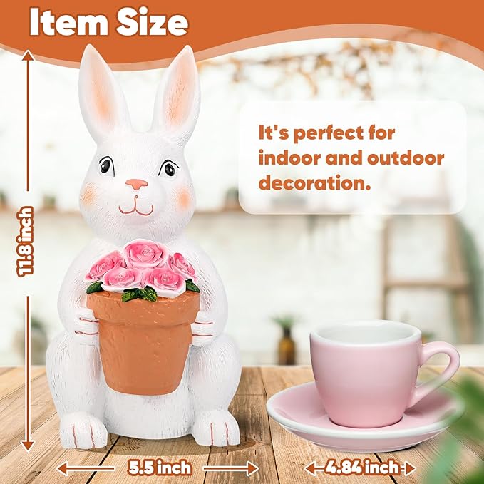 Brightever Solar Powered Outdoor Garden Statues- Rabbit with Flowers and 5 Colorful LED Lights, 11.8IN Outdoor Figurine Lights, Solar Garden Bunny Statue for Easter Decor, Gifts for Mom, Housewarming-VerdiqueGarden