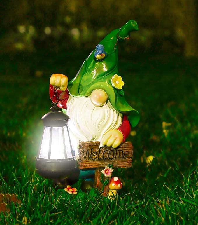 Garden Gnome Statue, Resin Figurine with Bright Solar Lantern Lights and Welcome Sign, Outdoor Solar-Powered Illumination Yard Art Decorations for Indoor Outdoor Patio Lawn Garden Room-VerdiqueGarden