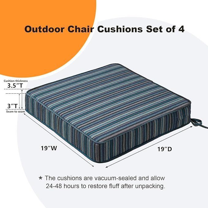 Sunbrella Square Corner Seat Cushions, 19" x 19" x 3", Set of 4, Indoor Outdoor Water Repellent Universal Chair Pads with Ties for Patio Furniture, Garden Dining Chairs, Troupe Dock-VerdiqueGarden