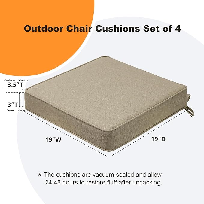 Square Corner Seat Cushions, 19" x 19" x 3", Set of 4, Indoor Outdoor Water Repellent Universal Chair Pads with Ties for Patio Furniture, Garden Deck Dining Chairs, Tan-VerdiqueGarden