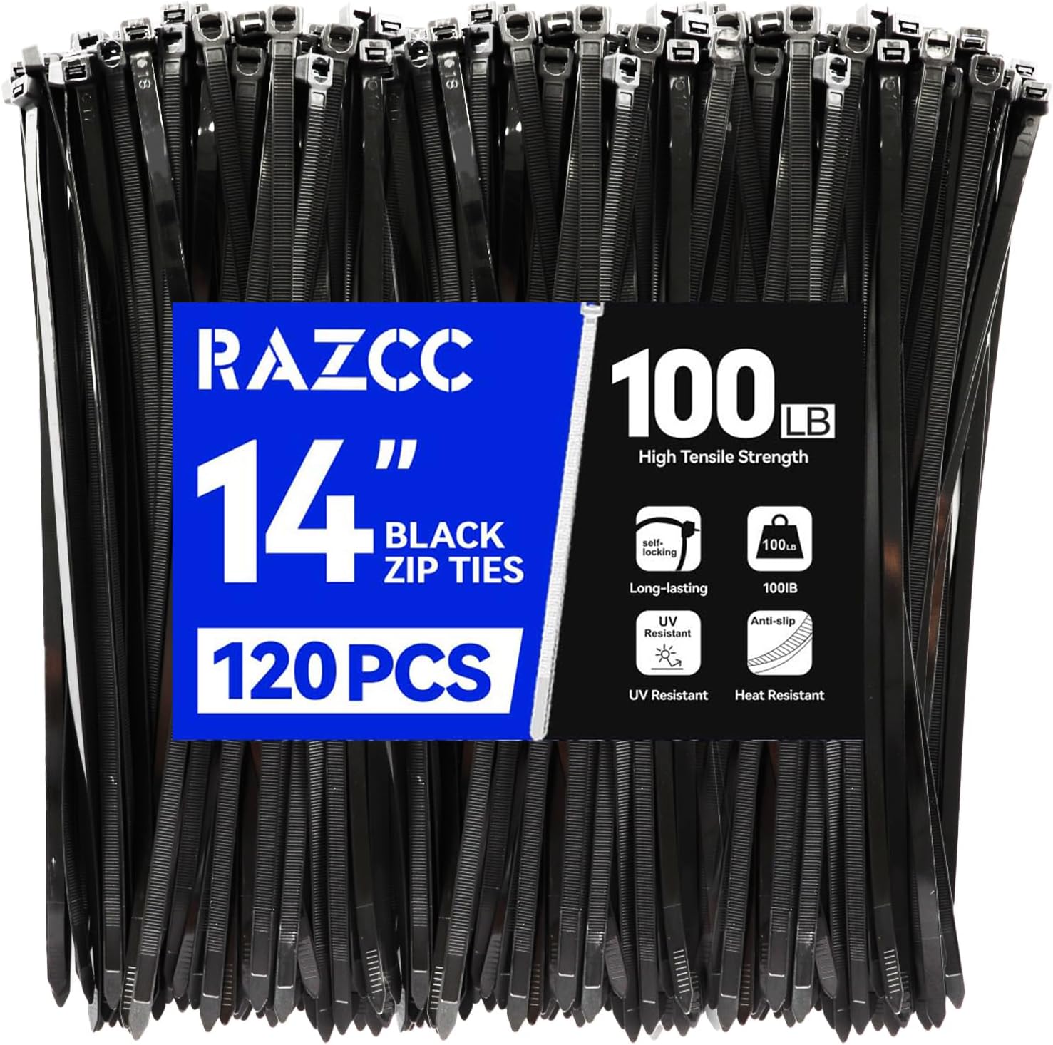 Zip Ties, RAZCC 120 Pack 14 inch Black Cable Ties, Heavy Duty Plastic Wire Ties with 100 lb Tensile Strength, Black Nylon Zip Ties for Indoor and Outdoor-VerdiqueGarden