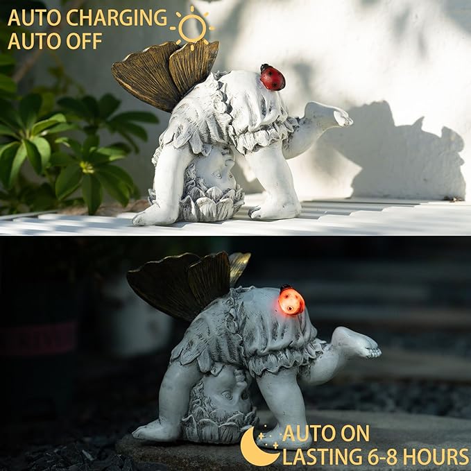 Garden Flower Fairy Outdoor Solar Decor, Resin Ornaments for Patio Lawn Yard Porch, Playful Garden Statue for Outside Angel Gifts, 8.98 Inches Tall-VerdiqueGarden