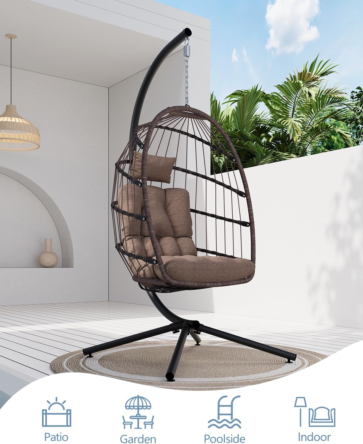 SWITTE Egg Chair Outdoor with Stand, Indoor Wicker Hanging Egg Swing Chair with Cushion, 350lbs Capacity for Patio, Bedroom, Garden - Brown-VerdiqueGarden