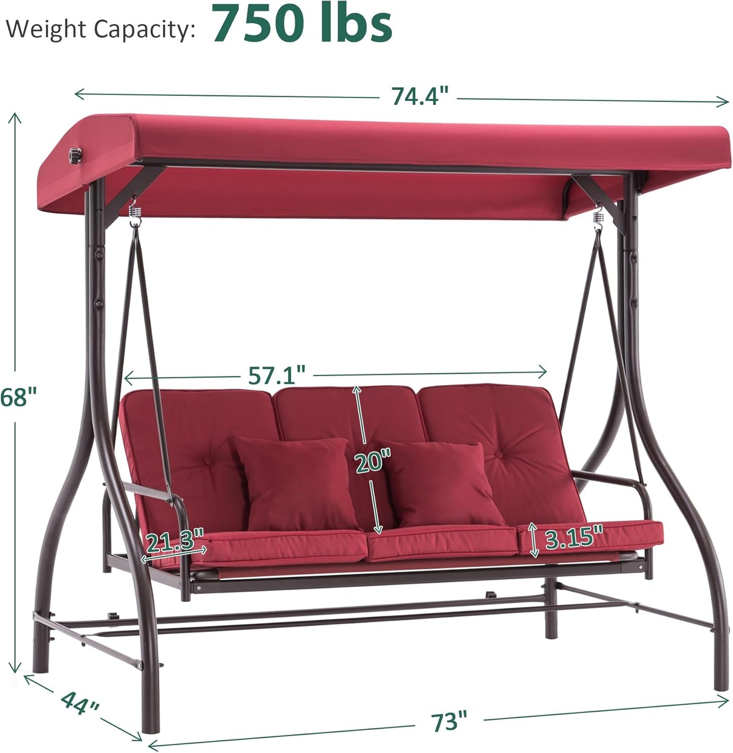 MCombo 3-Seat Outdoor Patio Swing Chair, 2-in-1 Convertible Porch Swing Glider Chair with Removable Cushions, Adjustable Canopy & Pillows for Backyard, Deck, Garden, 4068 (Burgundy)-VerdiqueGarden