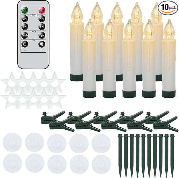 DRomance Christmas Tree Flameless Taper Candle Lights Battery Operated with 10-Key Remote and Timer, 10 Pack Plastic Flickering LED Taper Candles Multi-Using Home Garden Holiday Decor 3.4"-VerdiqueGarden