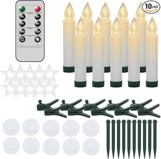 DRomance Christmas Tree Flameless Taper Candle Lights Battery Operated with 10-Key Remote and Timer, 10 Pack Plastic Flickering LED Taper Candles Multi-Using Home Garden Holiday Decor 3.4"-VerdiqueGarden