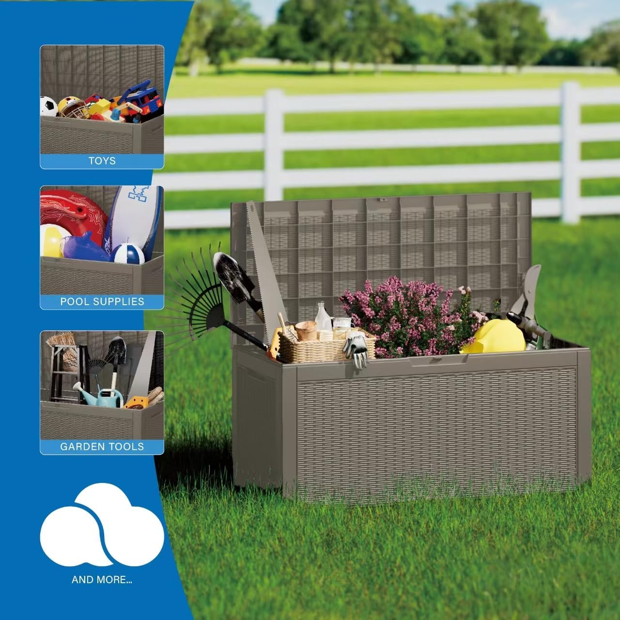 100 Gallon Double-Wall Resin Deck Box - Lockable Waterproof Outdoor Storage Box, 1000lbs Capacity & Doubles as Seating for Patio Furniture - Garden Tools, Pool Accessories (Brown)-VerdiqueGarden