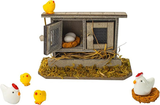 Hiawbon Miniature Retro Wooden Chicken Coop Mini Family Chicken,Hen,Chick,Egg,Chicken Nest Ornament Micro Landscape Fairy Garden Decor-VerdiqueGarden