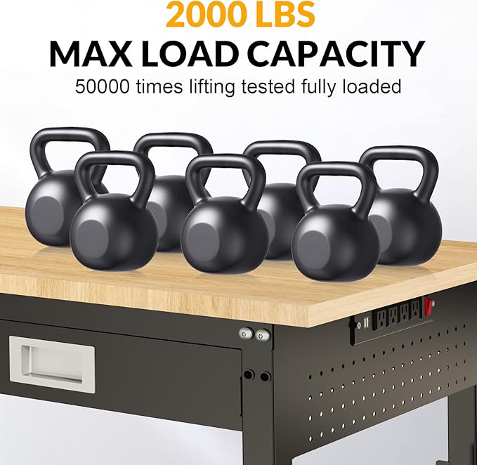 48" Workbench with Drawers, Adjustable Height Work Bench 2000 LBS Heavy-Duty Work Table Rubber Wood Work Station with Power Outlet & Pegboard for Garage, Office, Workshop, Home, Party Shop-VerdiqueGarden