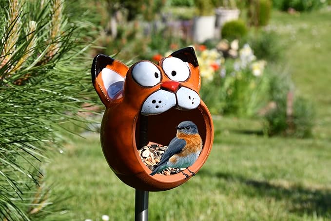 Ceramic Garden Decor - Cat Lawn Stake - Bird Feeder - Outdoor Statue - Perfect, Unique Gifts for Gardeners Woman, Men - Handmade, Frostproof-VerdiqueGarden