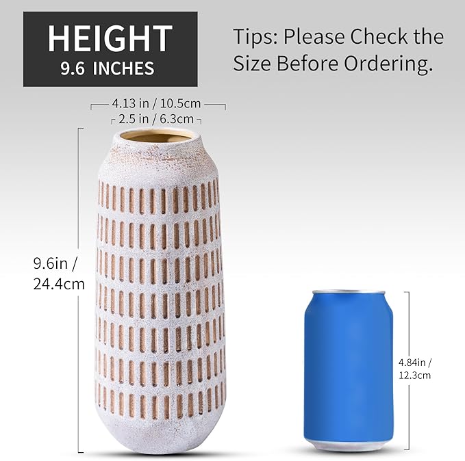 Rustic Ceramic Flower Vase, Terracotta Farmhouse Decorative Vintage Vases, Stone Clay Floral Vase, Concrete Grey Home Decor Vases for Living Room, Entryway, Kitchen, Bedroom, Bathroom Shelf 9.6 Inch-VerdiqueGarden