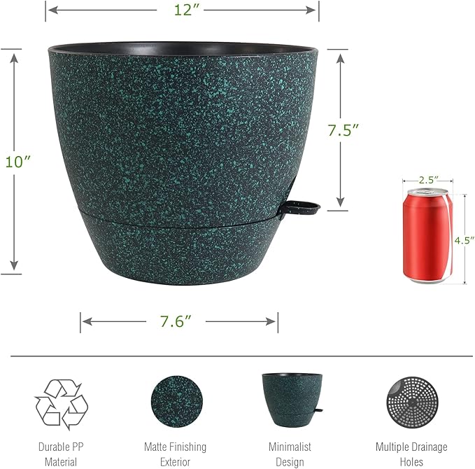 12 inch Large Self Watering Pots, Plastic Planters with 60oZ Removable Deep Reservoir and Multi Mesh Drainage Holes for Indoor Outdoor Garden Plants and Flowers, Black with Green Speckles-VerdiqueGarden