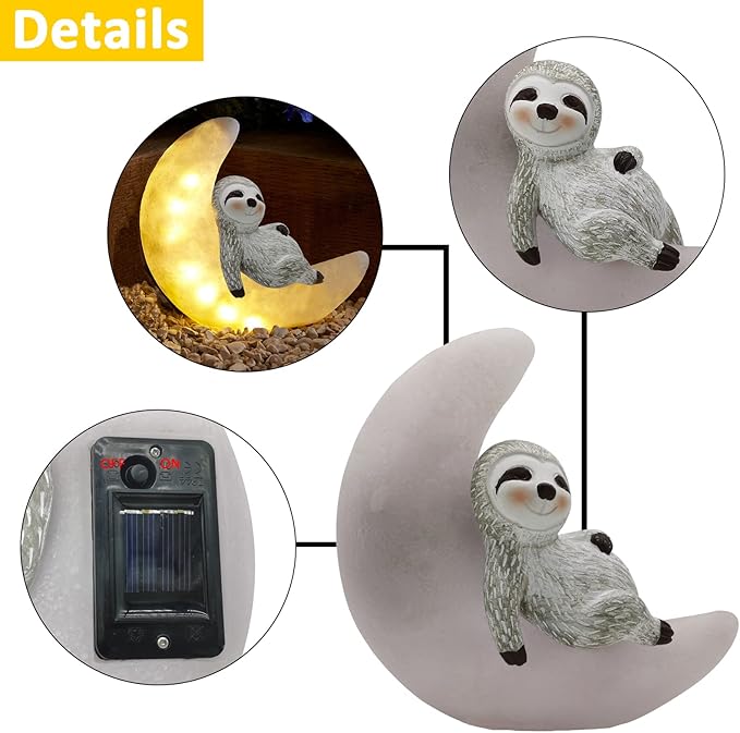 Garden Sloth Statues Outdoor Decor, Solar Powered Resin Lawn Ornaments with 8 LEDs Warm White, Outdoor Decoration for Patio Yard Lawn Porch Housewarming Garden Gift-VerdiqueGarden