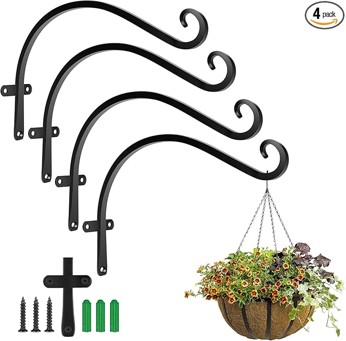 HOOPLE Plant Hangers Outdoor Heavy Duty 4 Pack, Cast Iron Bird Feeder Hanger, Metal Black Plant Brackets Hook for Hanging Flower Baskets, Elegant Design, Large Bearing Capacity-VerdiqueGarden