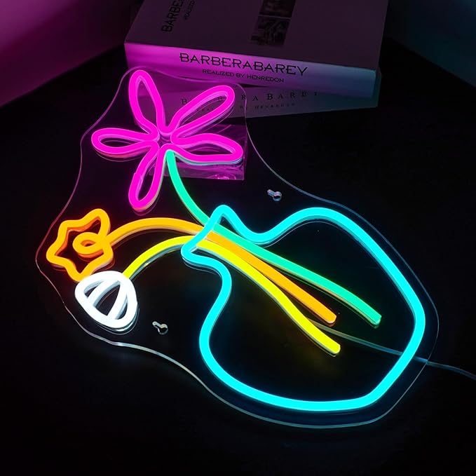 Flower Vase Neon Sign,Dimmable Neon Lights,Neon Flowers Sign for Wall Decor,Anime Flower Shape USB Connectivity Light Up Neon for Kids Room Girls Room Bar Birthday Party-VerdiqueGarden