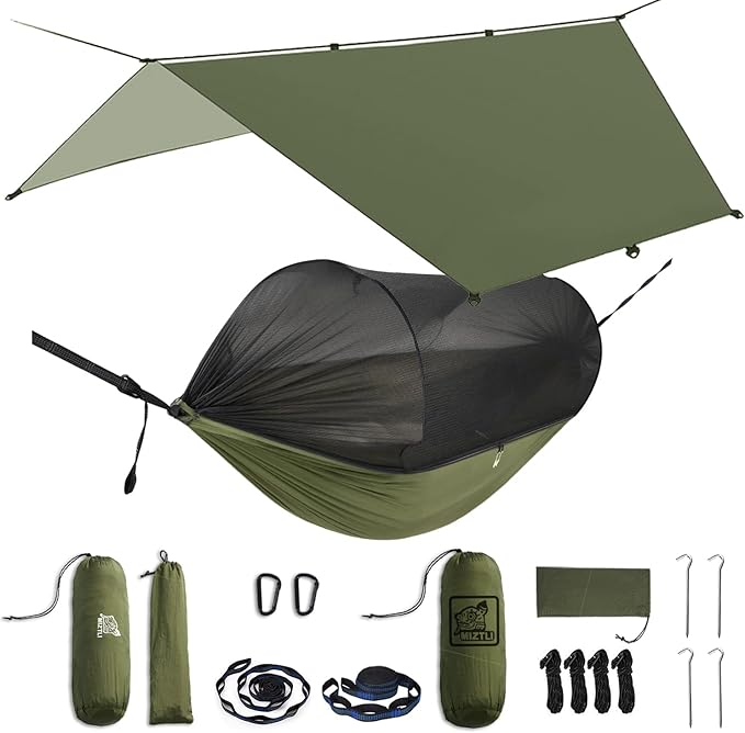 Miztli Camping Hammock -Portable Hammock w/Spacious Net & Tree Straps w/Adjustable Loops, Double and Single Hammock for Outdoor, Indoor, Hiking and Travel-VerdiqueGarden