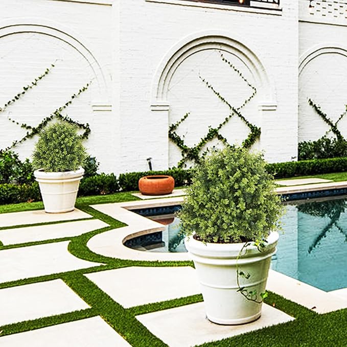 THE BLOOM TIMES 2ft Faux Boxwood Plants Outdoor Set of 2, Topiary Balls Artificial Outside Trees, 24" UV Resistant Fake Greenery Bushes & Shrubs for Front Porch Planter-VerdiqueGarden