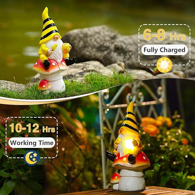 Solar Gnome on Mushroom Decor for Yard Decorations - 10 Inch Gnome Statue Decor for Outdoor,Perfect Garden Gifts for Women,Mom-VerdiqueGarden