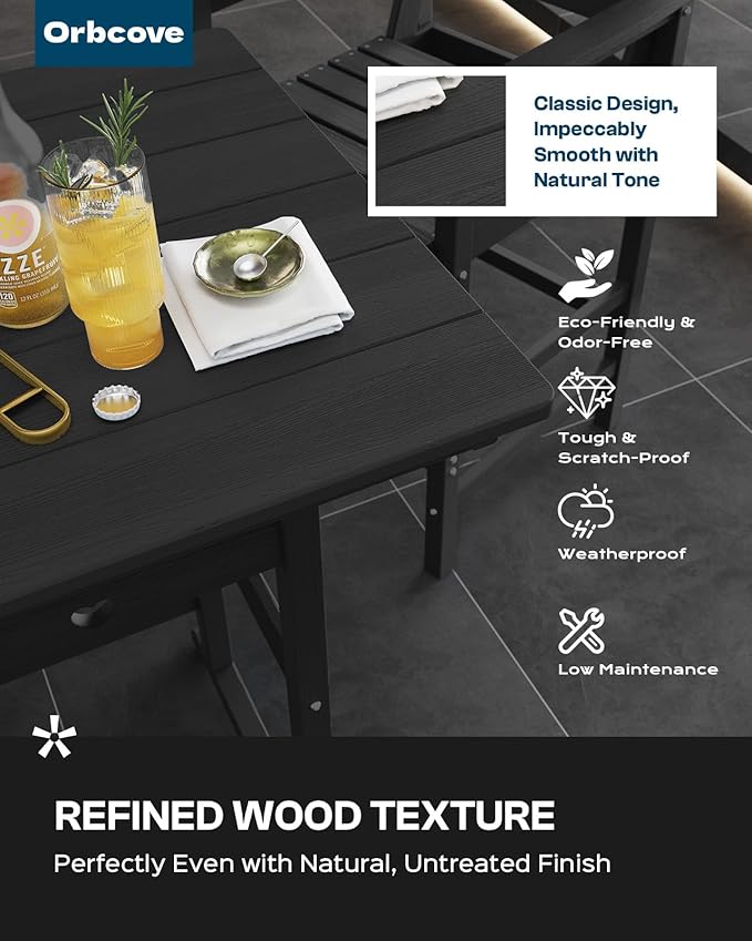 5-Piece Bar Height Outdoor Table and Chairs Set, HDPE Wood Grain Patio Bar Table and Chairs with Heart Cutout Design, Weather-Resistant Bar Height Furniture for Deck, Porch, Pool (Black)-VerdiqueGarden