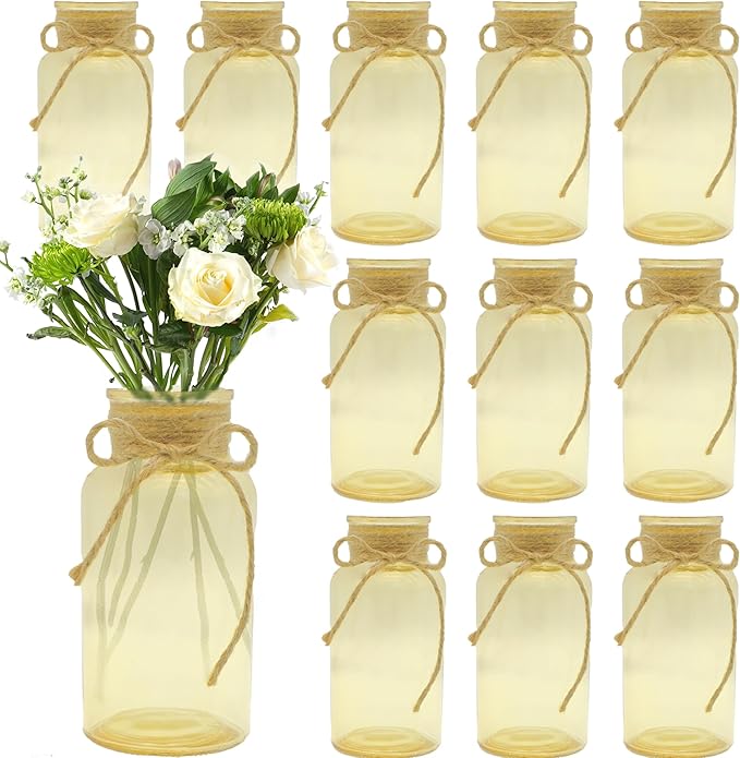 Vintage Glass Flower Vase，12 Pack Gold Amber Farmhouse Glass Centerpiece Vases Mason Jars for Weddings, Parties & Home Decor Bulk (12, Gold)-VerdiqueGarden