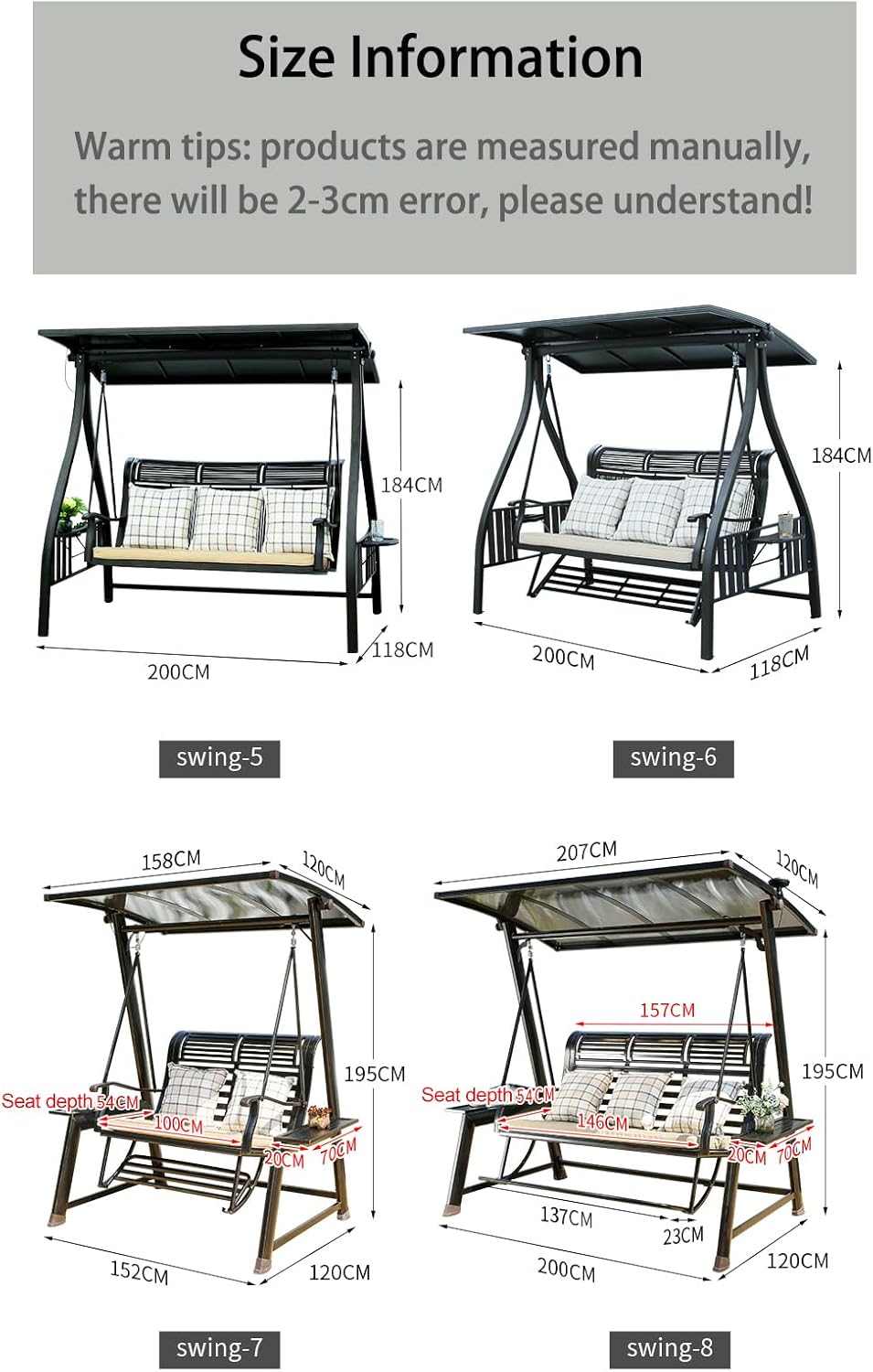 2/3-Seat Outdoor Patio Porch Swing with Adjustable Aluminum Alloy Canopy Solar Patio Swing Chair Bench with Footrest Side Cup Holder for Backyard Lawn (Heart of Ocean-3 Seat)-VerdiqueGarden