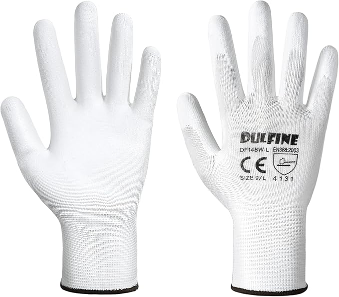 DULFINE Safety Work Gloves PU Coated-12 Pairs,White Seamless Knit Glove with Polyurethane Coated Smooth Grip on Palm & Fingers, for Men and Women, Ideal for General Duty Work (Large)-VerdiqueGarden