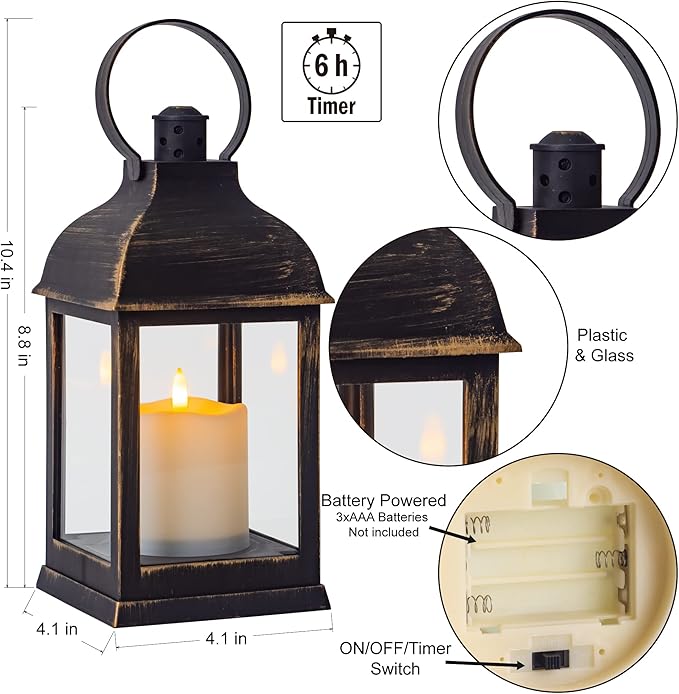 Vintage Lantern Decorative LED Flickering Flameless Candle with Timer, Battery Powered LED Decorative Hanging Golden Brushed Black Lanterns for Indoor Outdoor Garden Yard Home Decor(2 Pack)-VerdiqueGarden