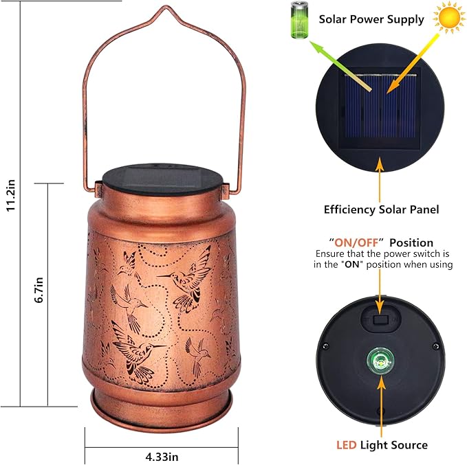 Solar Hummingbird Lanterns Outdoor Hanging Decor Lantern,Waterproof Hollow Out Metal Decorative Garden Light,Graceful Decoration for Patio,Yard,Landscape,Walkway,Festival-VerdiqueGarden