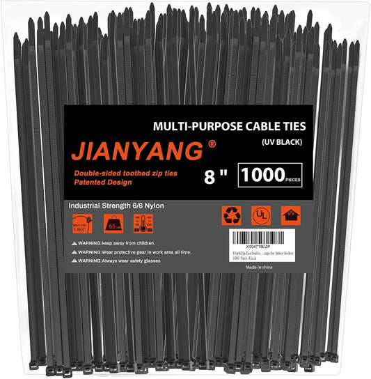 8 Inch Zip Ties Double Sided Toothed (Bulk 1000 Pack Black),65lbs Tensile Strength Heavy Duty Cable Wire Ties with Self-Locking Adjustable Nylon Tie Wraps for Indoor Outdoor (Patented Design)-VerdiqueGarden