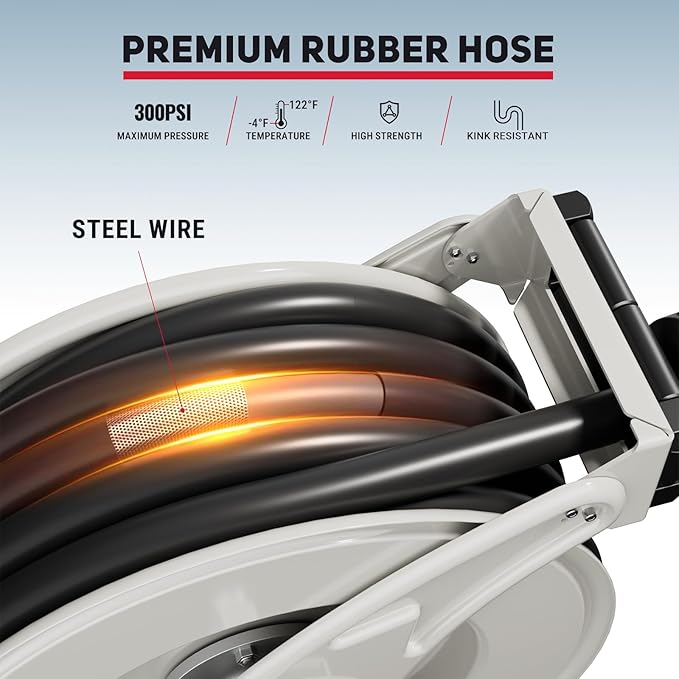 Retractable Fuel Hose Reel, 3/4 in × 66 ft Rubber Hose Heavy Duty Steel Professional Spring Driven Diesel Hose Reel with Fueling Nozzle Max 300PSI Auto Rewind Quick for Ship Vehicle Tank Truck-VerdiqueGarden