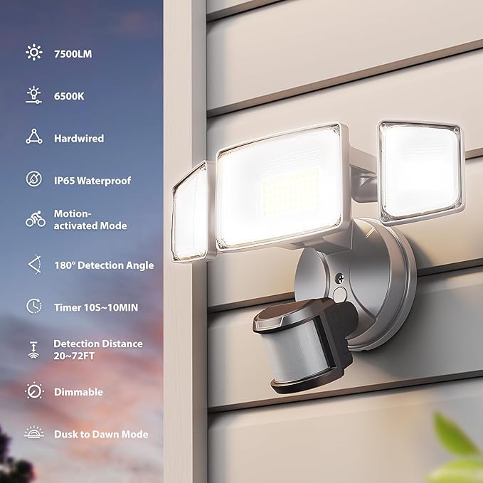 Onforu 75W LED Motion Sensor Outdoor Lights, Dusk to Dawn Flood Light Outdoor Motion Sensor, Hardwired Security Light Floodlights Outside 7500LM 6500K Daylight IP65 Waterproof (Gray)-VerdiqueGarden