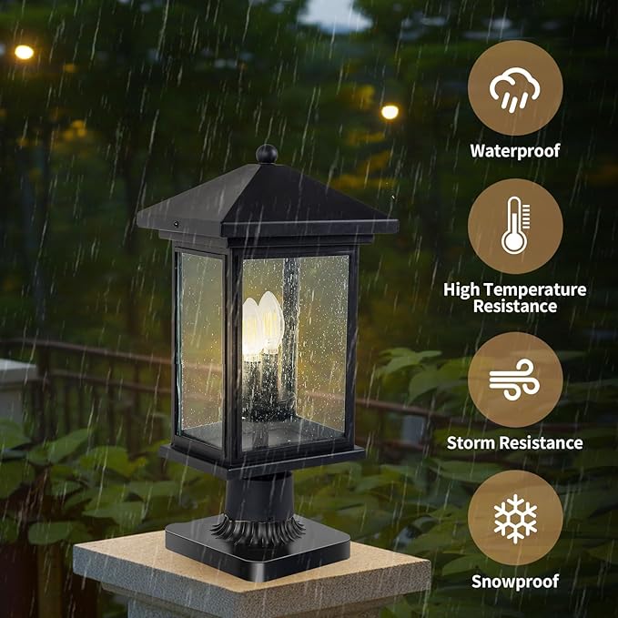 Outdoor Post Light, Waterproof Pole Lantern Lighting Fixture with Tempered Clear Seeded Glass, Matte Black Finish for Outdoors (Large Post Light)-VerdiqueGarden
