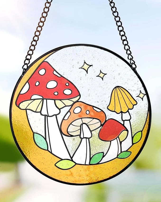 Tuitessine Mushroom Stained Glass Suncatcher Moon Toadstools Window Wall Hanging Ornament Hand-Painted Glass Panel Decor for Home Gift for Nature Plant Mushroom Lovers 6.3"*6.3"-VerdiqueGarden