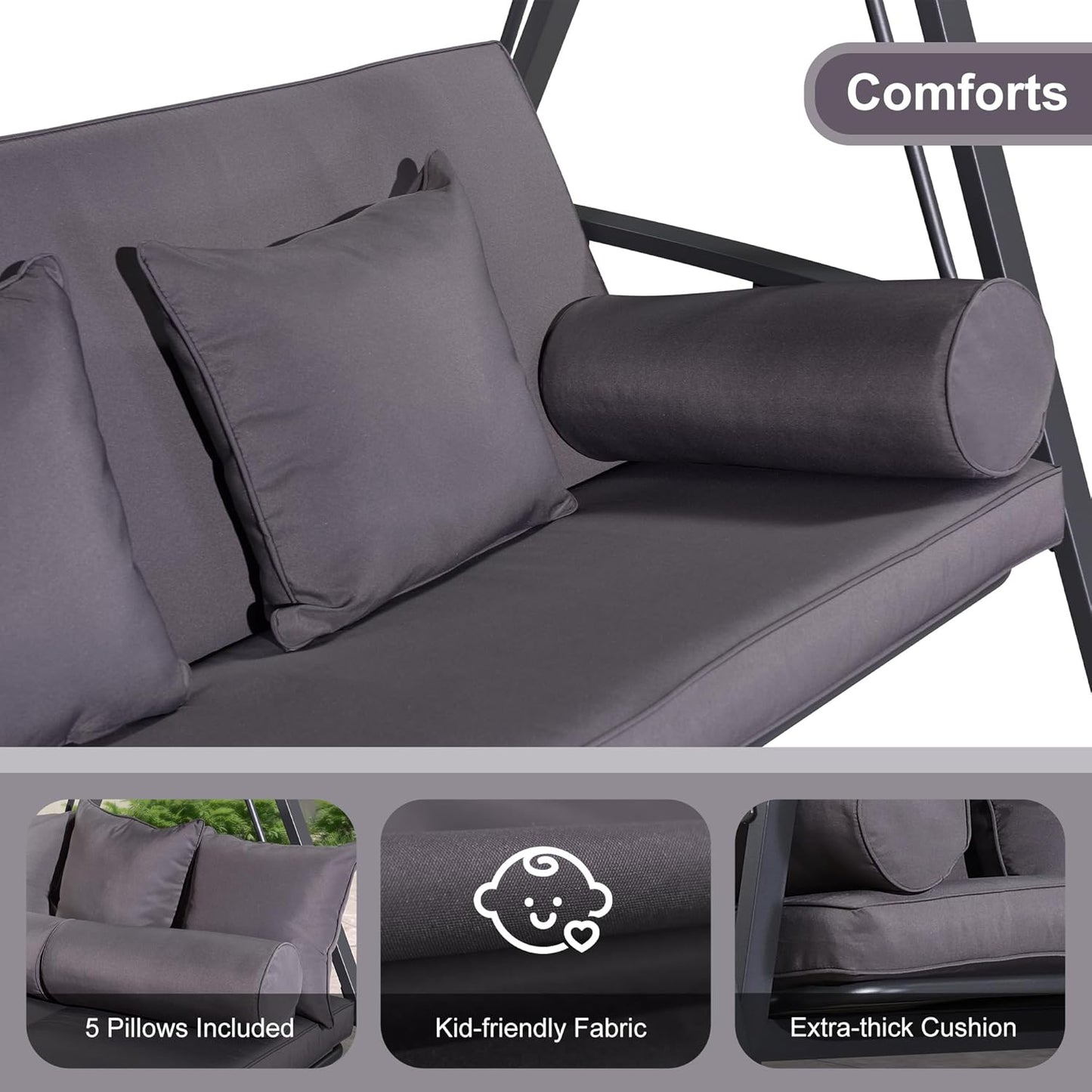 PURPLE LEAF Outdoor Patio Porch Swing Adjustable Backrest, 3-seat Swing Chair with Weather Resistant Steel Frame for Backyard Front Porch Lawn, Cushion and Pillows Included, Grey-VerdiqueGarden