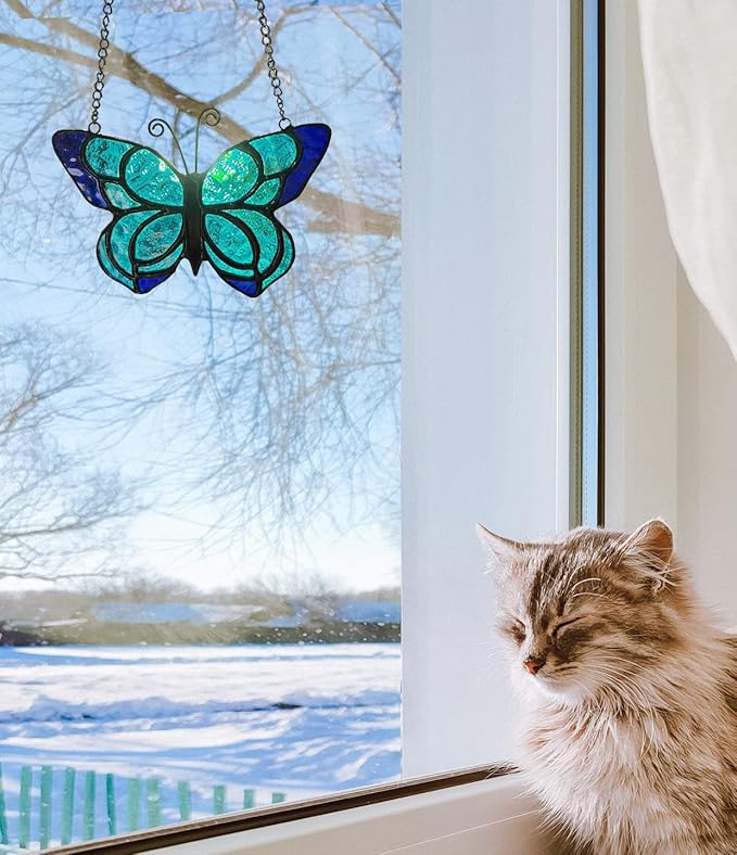 Blue Butterfly Suncatcher Stained Glass Window Hanging Panel Christmas Decor,Glass Butterfly Gift for Mom, Women 5.9×5.3Inch-VerdiqueGarden