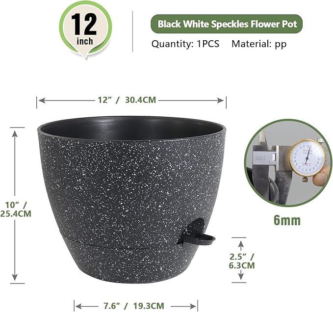 12 inch Large Self Watering Pots for Indoor Outdoor Plants, Flower Plant Pots with Mesh Drainage Holes for Garden House Plants, Plastic Planters with Reservoir for Home Decor, Speckled Black-VerdiqueGarden