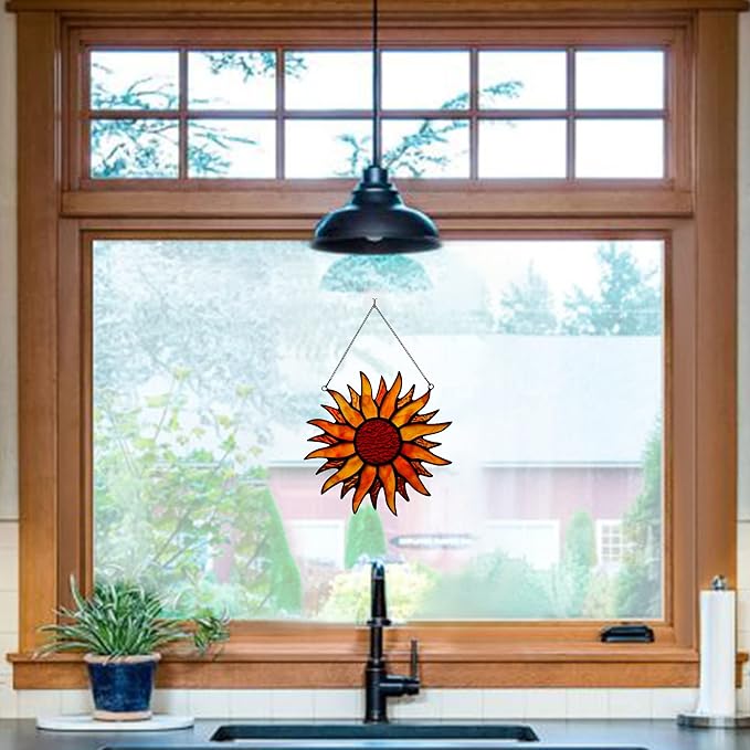 BOXCASA Sun Stained Glass Window Hangings,Tiffany Style Red Sun Suncatcher,Handcrafted Stained Glass Sun Decor for Window,Home Decorations for Window Living Room Bedroom Balcony Kitchen-VerdiqueGarden