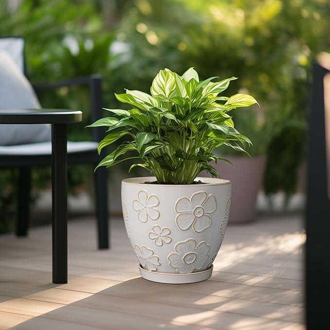 10 Inch Ceramic Planter Pot Large Plant Pot for Indoor Plants Outdoor Round Flower Pot with Drainage Hole and Saucer for Home Garden Decor White-VerdiqueGarden