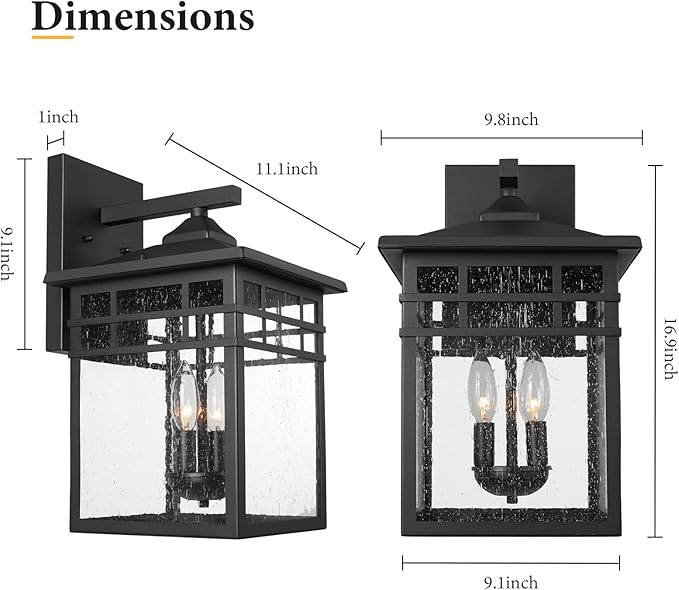 Outdoor Light Fixture Wall Mount, Black Exterior Light Fixture Wall Sconces with Seeded Glass for Front Porch, Large Waterproof Outdoor Square Wall Lantern Outside for House Doorway-VerdiqueGarden