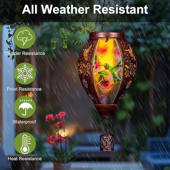 Hummingbird Hot Air Balloon Solar Lantern, Metal & Glass Flickering Flame Light Solar Lantern, Hanging Waterproof Solar Lanterns Outdoor for Garden Patio Tree Decoration-VerdiqueGarden