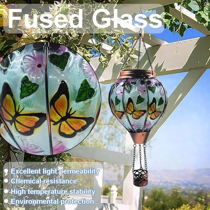 Hot Air Balloon Solar Lantern with Flickering Flame, Glass Hanging Garden Lights Outdoor Waterproof for Tree Yard Patio Mother's Day Gift, 18" H Butterfly-VerdiqueGarden