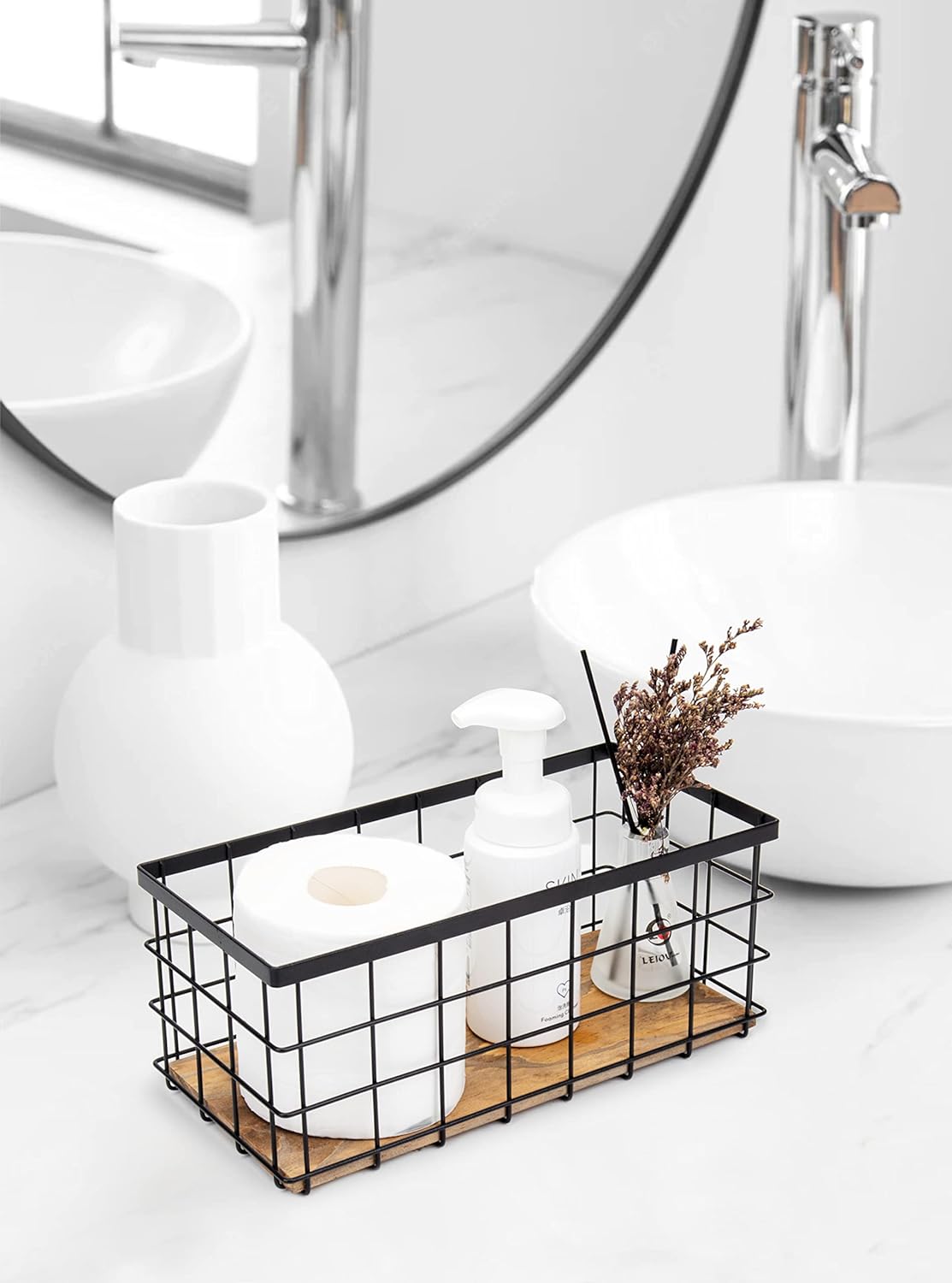 TIEYIPIN Farmhouse Decor Metal Wire Storage Baskets, Wood Base Containers Organizing Basket Caddy Bin for Kitchen Cabinets, Bathroom, Pantry, Garage, Laundry Room, Closets - Small - Black (Set of 3)-VerdiqueGarden