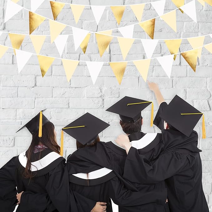 White and Gold Party Decorations Gold Beige White Fabric Triangle Pennant Banner Flag Bunting Garland for Graduation Wedding Birthday Bridal Shower Anniversary Engagement Baptism Party Supplies-VerdiqueGarden