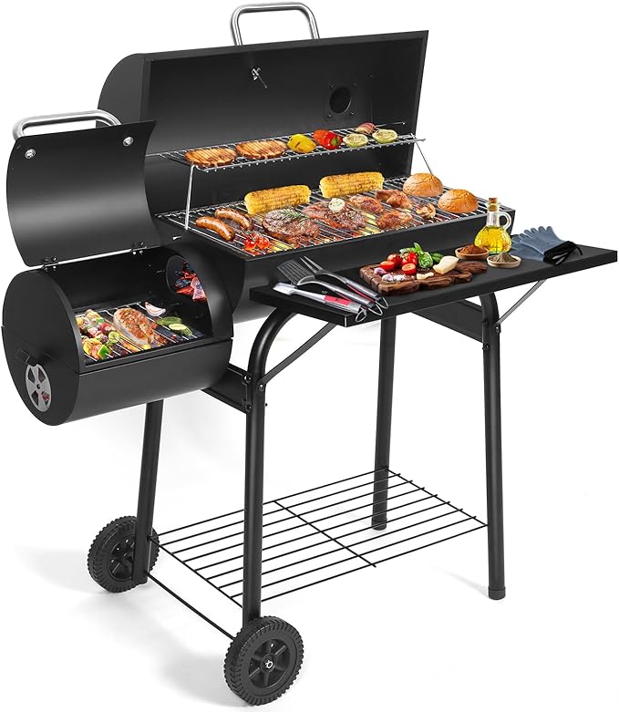 Charcoal Grill Offset Smoker: Charcoal Barbecue Grills with Spacious Cooking Area | Barrel BBQ Grill and Smokers Combo for Outdoor Patio Backyard Camping and Parties-VerdiqueGarden
