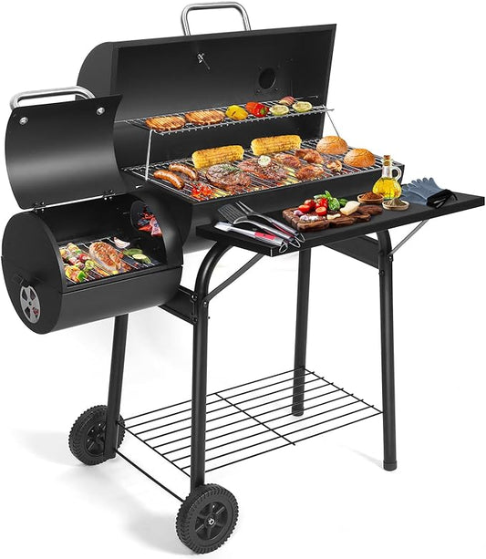 Charcoal Grill Offset Smoker: Charcoal Barbecue Grills with Spacious Cooking Area | Barrel BBQ Grill and Smokers Combo for Outdoor Patio Backyard Camping and Parties-VerdiqueGarden