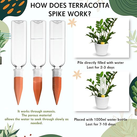 12 Pack Plant Watering Devices, Terracotta Self Watering Spikes with 25 oz Plastic Wine Bottles, Slow Release Plant Waterer Self Watering Planter for Vacation Indoor Outdoor Plant-VerdiqueGarden